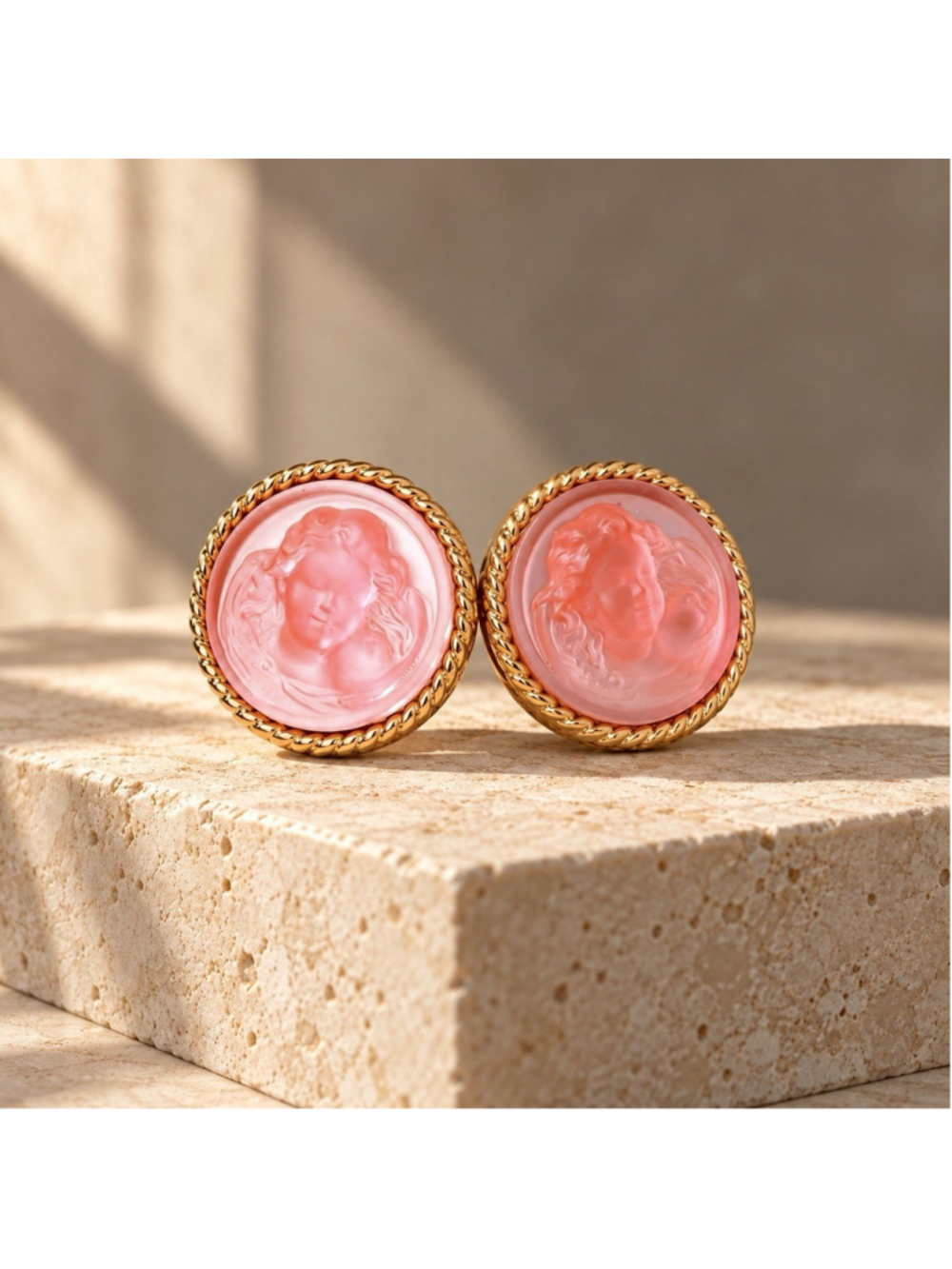 Goddess Lucite VTG Angel Earrings Cameo Portrait Gold Museum Frosted Victorian - Picture 2 of 7